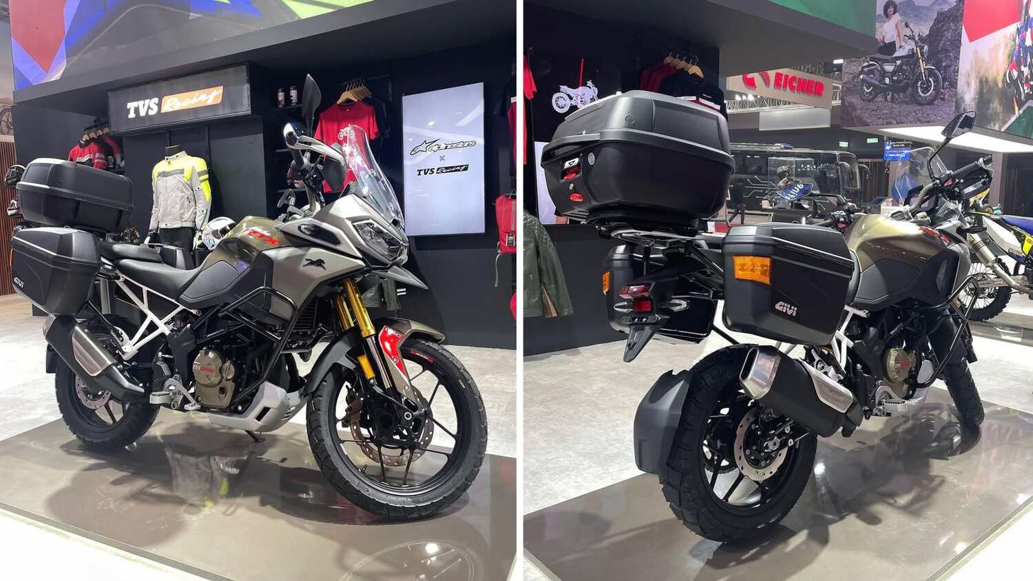 TVS Apache RTX 300 ADV side profile with luggage racks